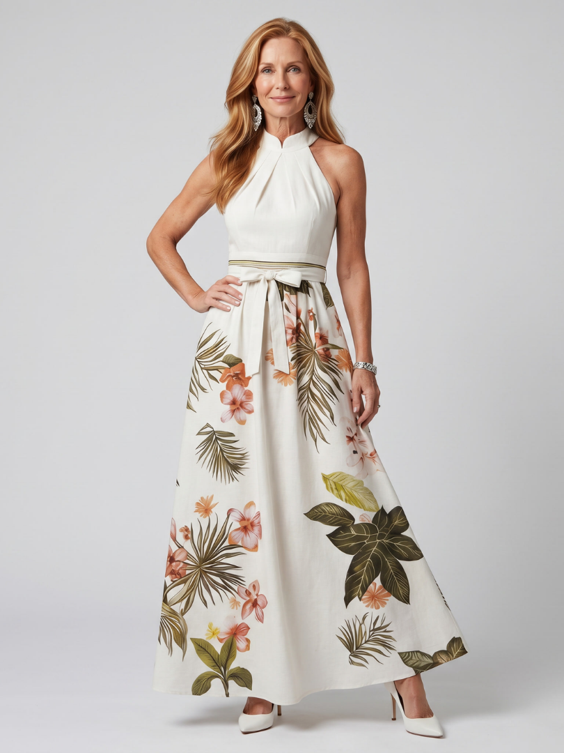 Meadow Draped Halter Botanical Panel Maxi Dress