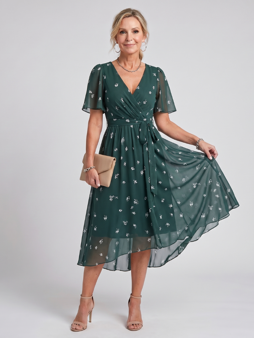 Mirabel Flutter Sleeve Gathered Waist Floral Print Midi Dress