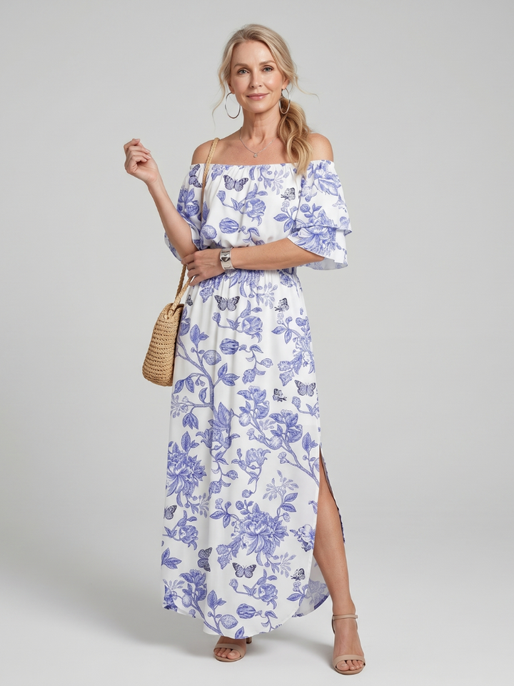 Elowira | Off Shoulder Soft Floral Print Midi Dress