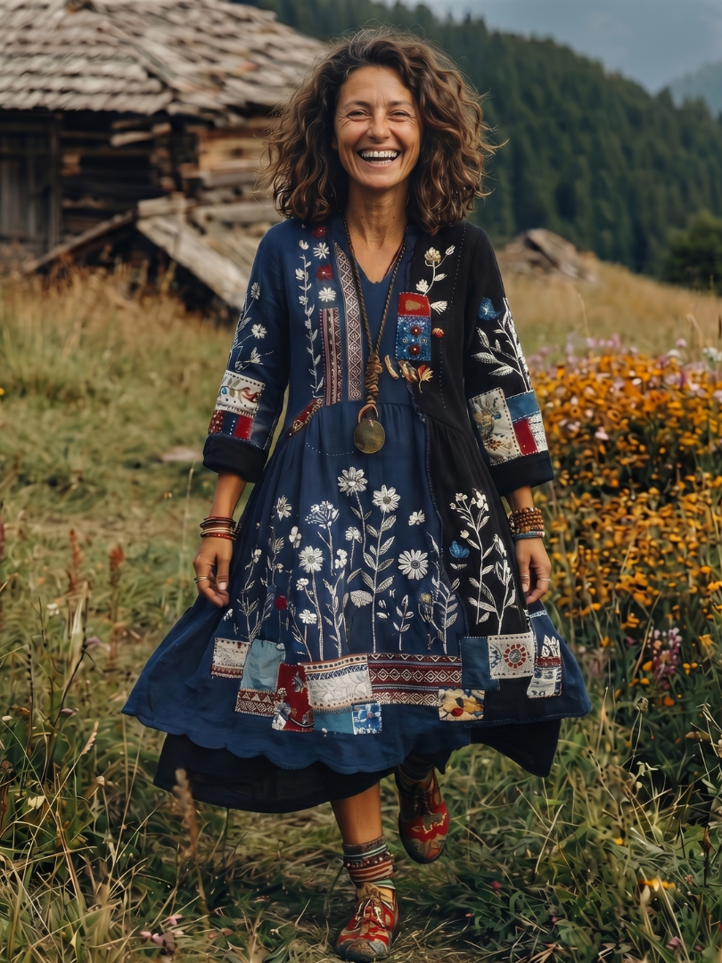 Alix Embroidered Panel Long Sleeve Midi Dress