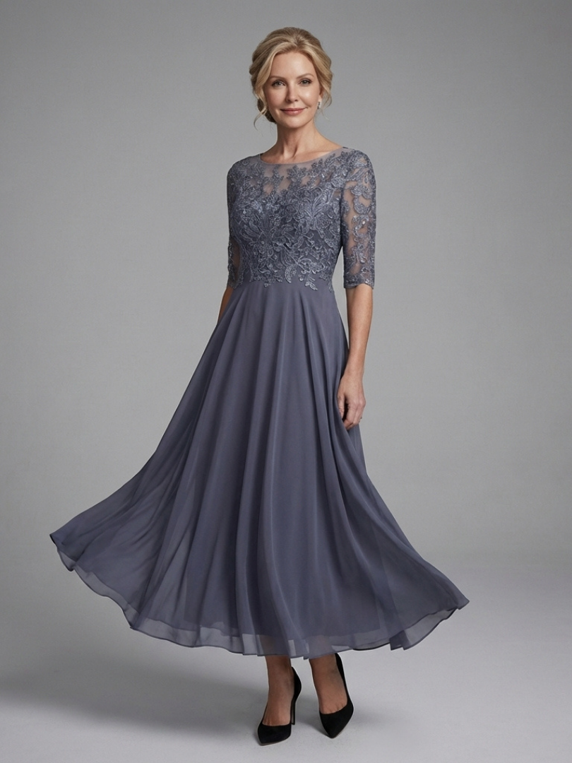 Olivine Lace Bodice Sheer Sleeve Midi Dress