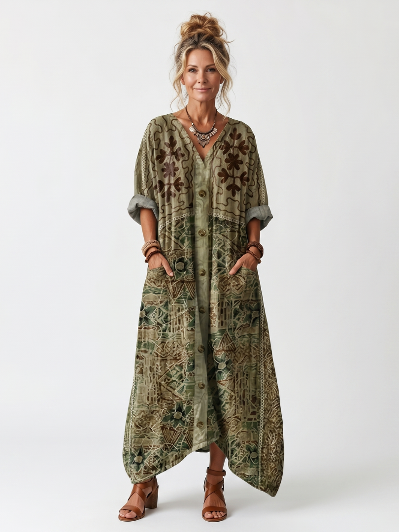 Aleta Button Front Embroidered Oversized Pocket Midi Dress
