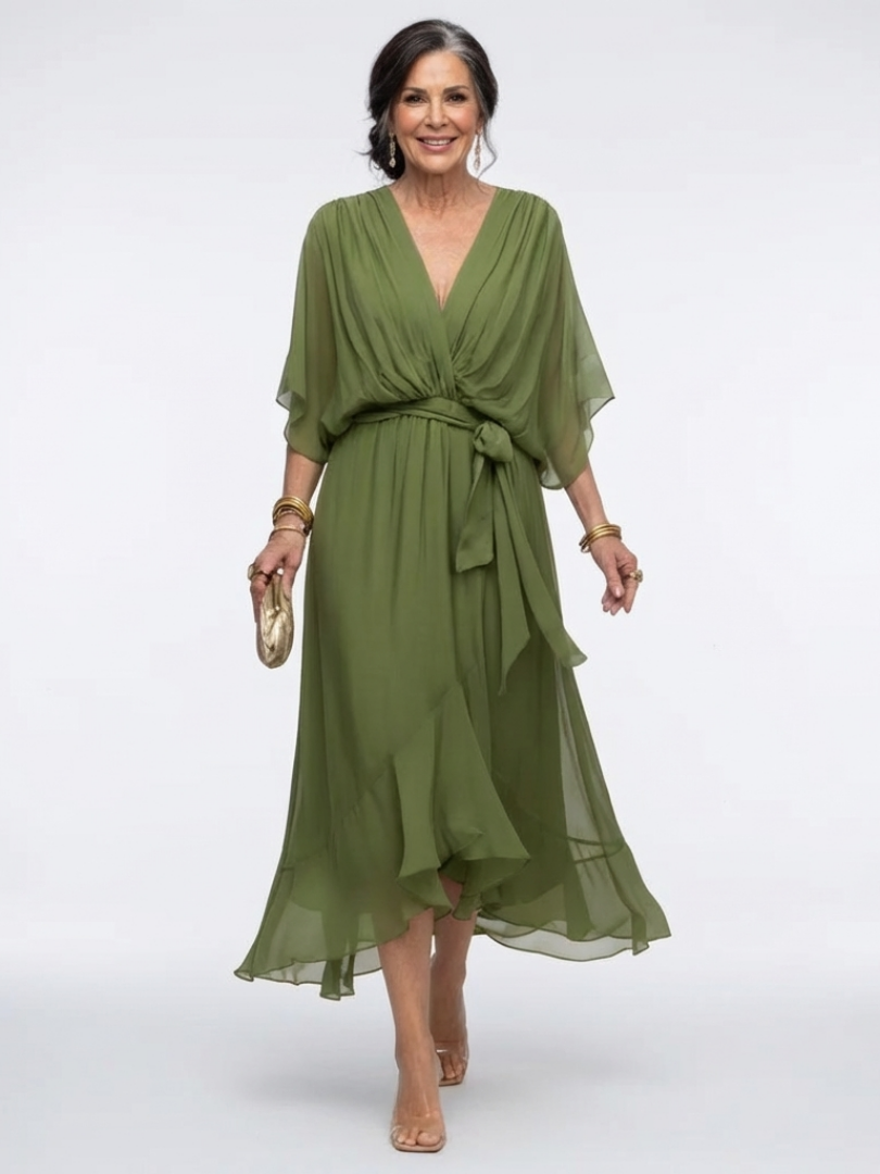 Elysia V Neck Draped Waist Tie Midi Dress