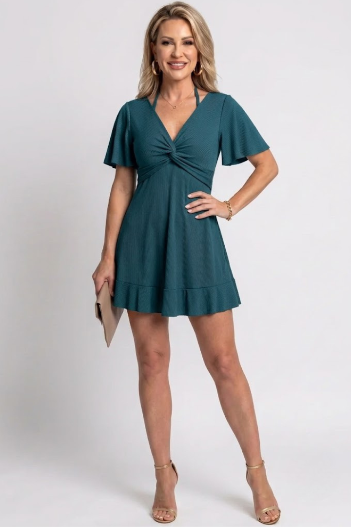 Isley | Women’s Twist-Front Ruched Mini Dress with Flutter Sleeves