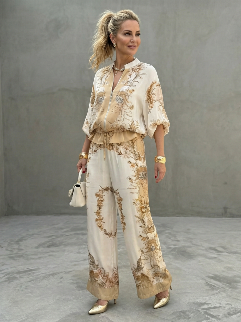 Indie Zip-Front Blouson Top Printed Two-Piece Set
