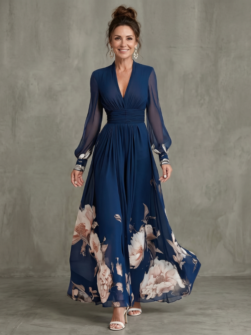 Ziva Pleated Sheer Sleeves Maxi Dress