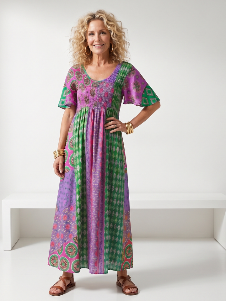 Isia | Mixed Print Short Sleeve Midi Dress