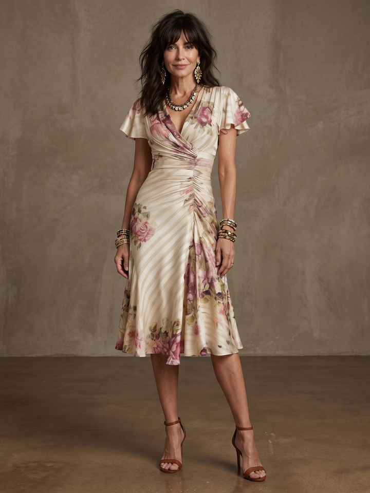 Sina | Floral Wrap Ruched Midi Dress
