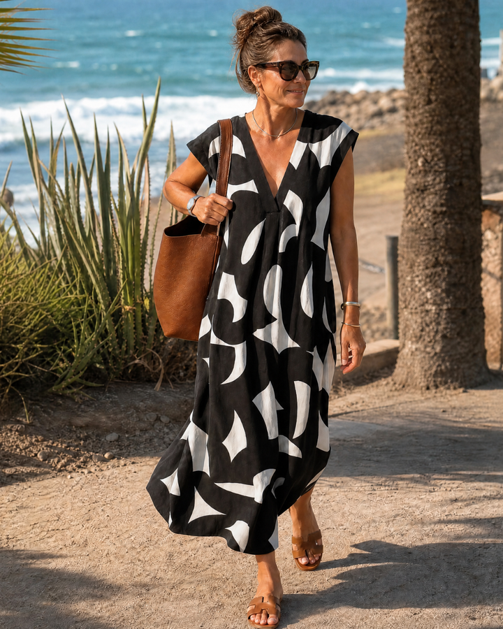 Verain | Abstract Print V Neck Flowing Maxi Dress