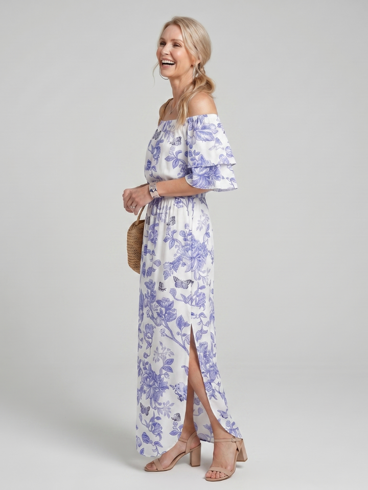 Elowira | Off Shoulder Soft Floral Print Midi Dress