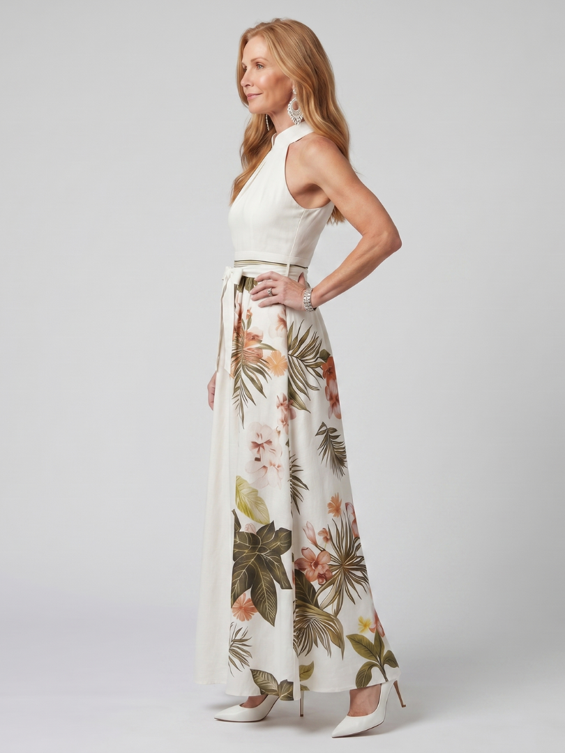 Meadow Draped Halter Maxi Dress Side View and Botanical Skirt Detail