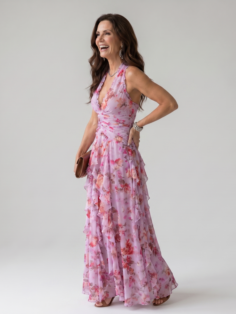 Nori Halter Maxi Dress Ruched Bodice and Layered Skirt Detail