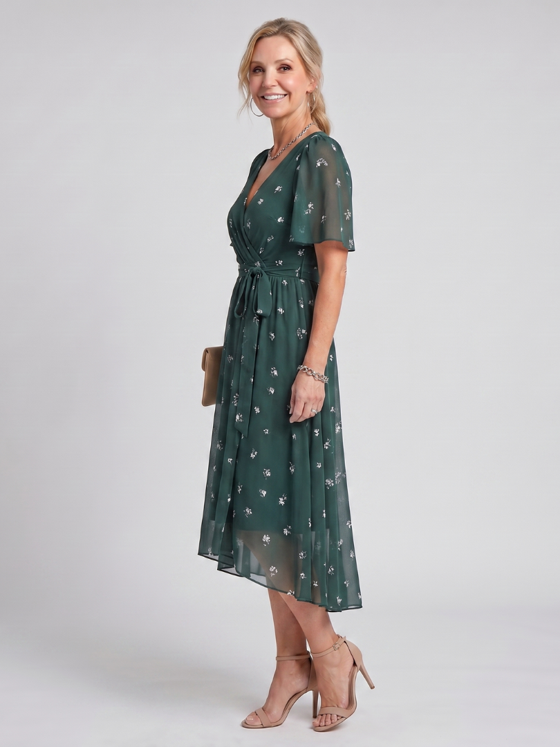 Mirabel Floral Midi Dress Side View and Waist Tie Detail