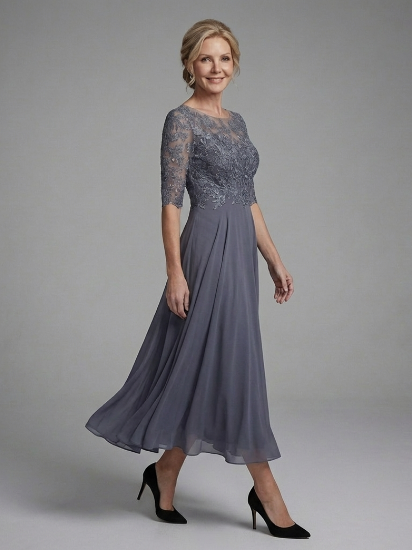Olivine Midi Dress Lace Bodice and Sheer Sleeve Detail
