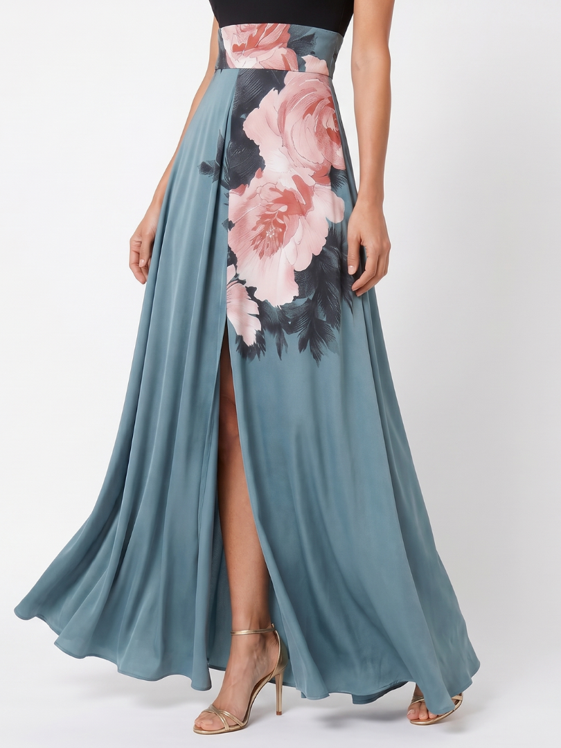 Olympas Floral Maxi Dress Skirt and Front Slit Detail