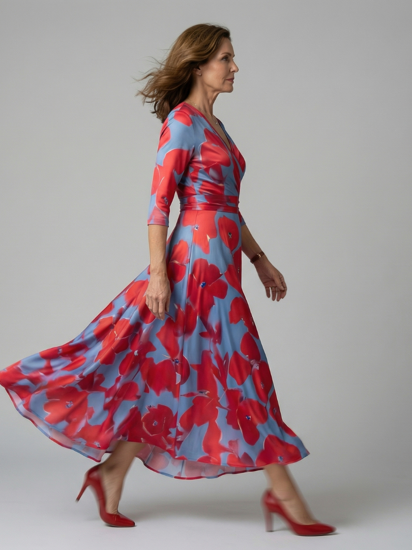 Celine Midi Dress Wrap Neck and Flowing Skirt
