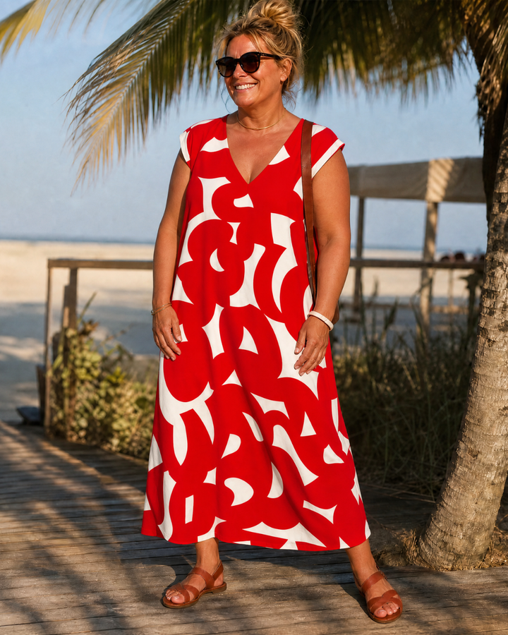 Verain | Abstract Print V Neck Flowing Maxi Dress