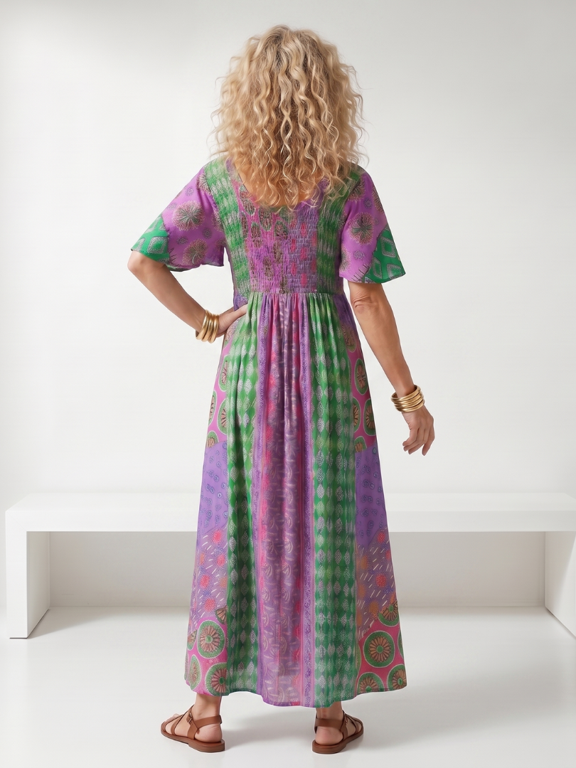Isia | Mixed Print Short Sleeve Midi Dress