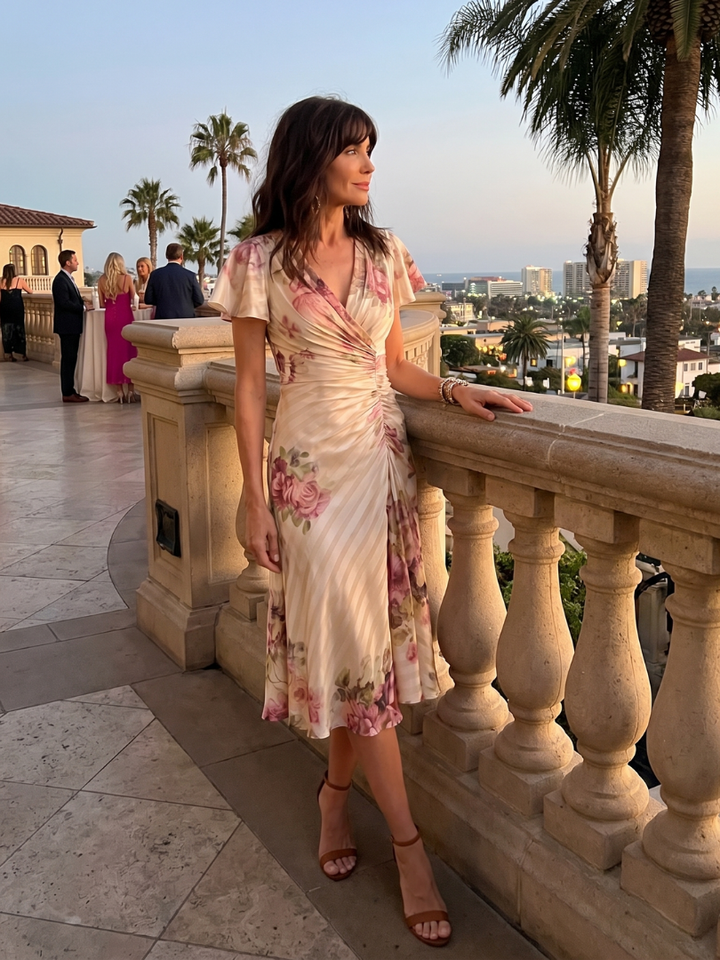 Sina | Floral Wrap Ruched Midi Dress