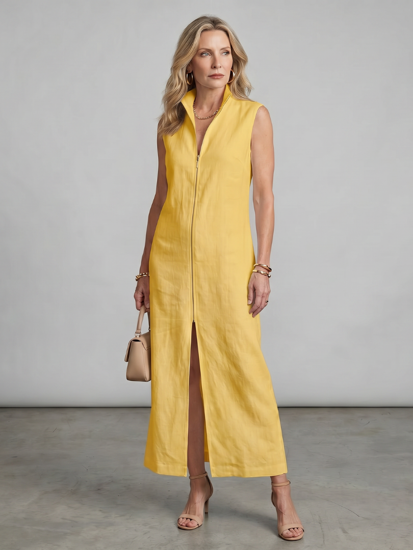 Olive | High Collar Front Slit Midi Dress