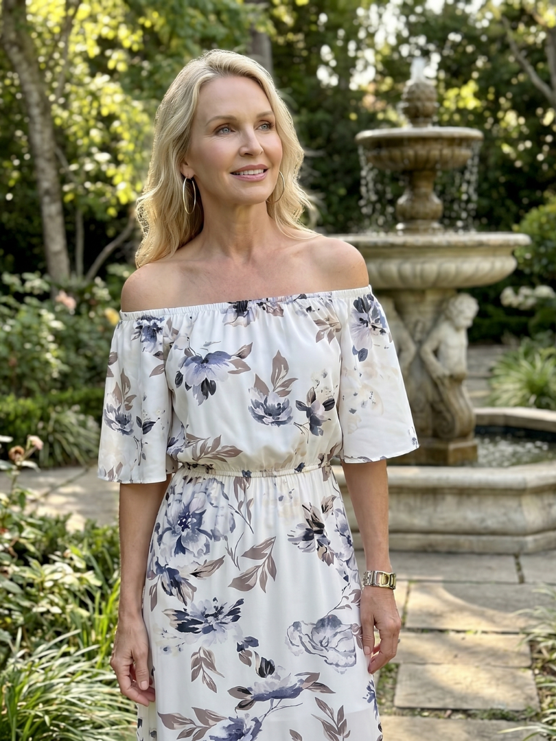 Elowira | Off Shoulder Soft Floral Print Midi Dress