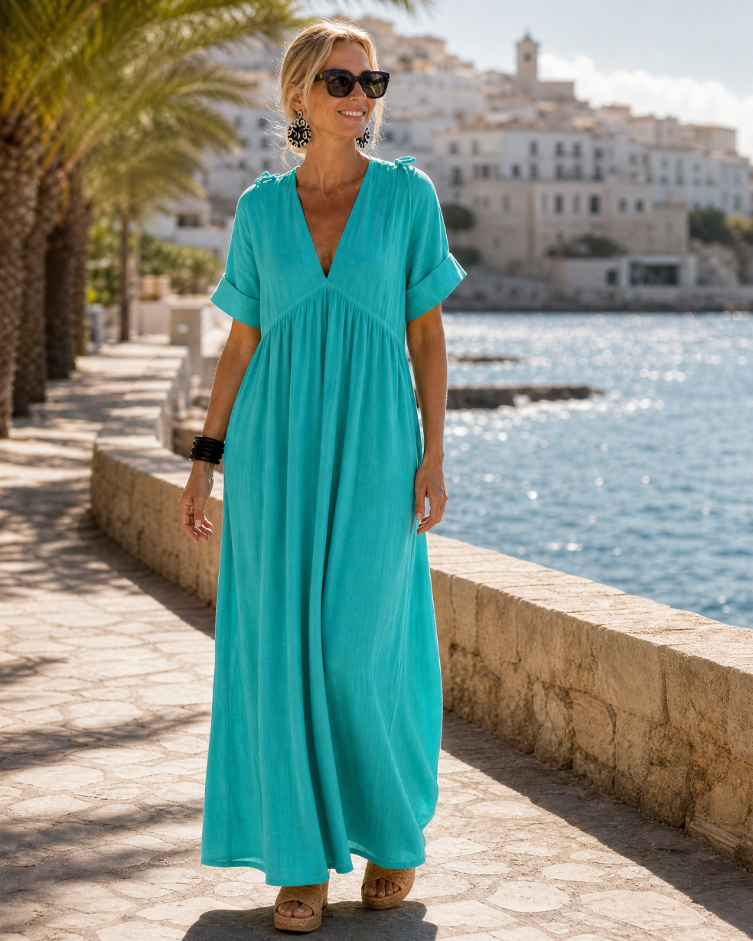 Zomla  | Textured V Neck Short Sleeve Flowing Maxi Dress