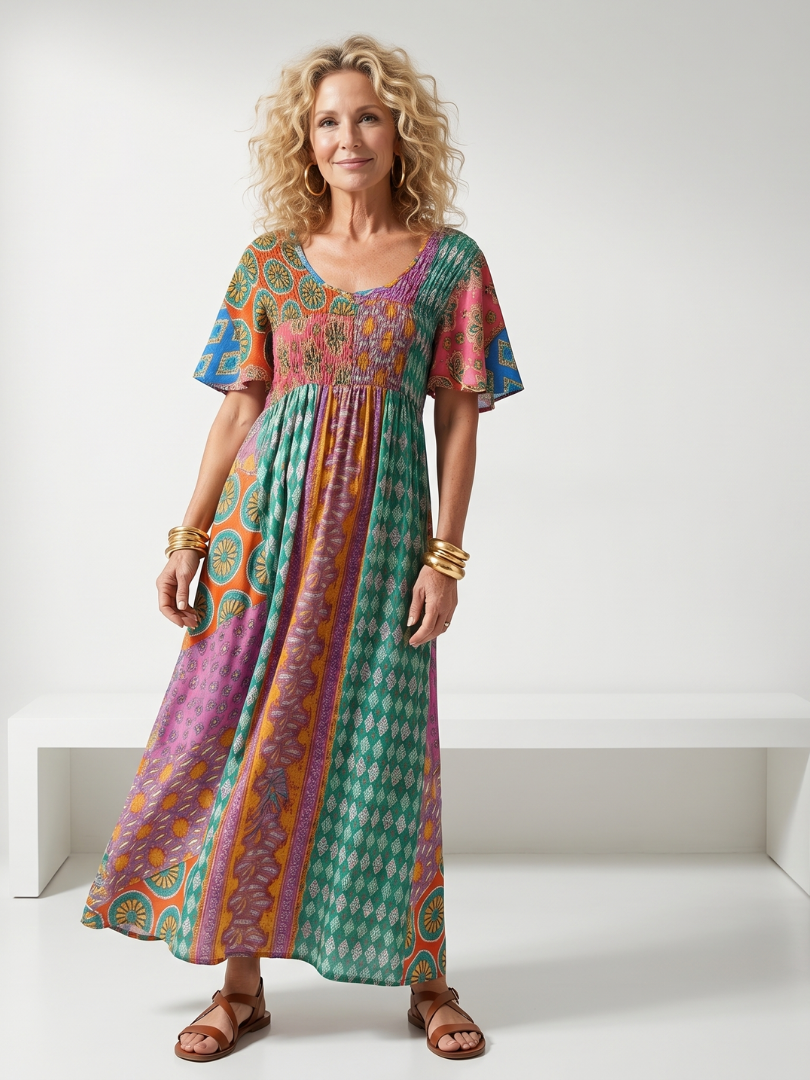 Isia | Mixed Print Short Sleeve Midi Dress
