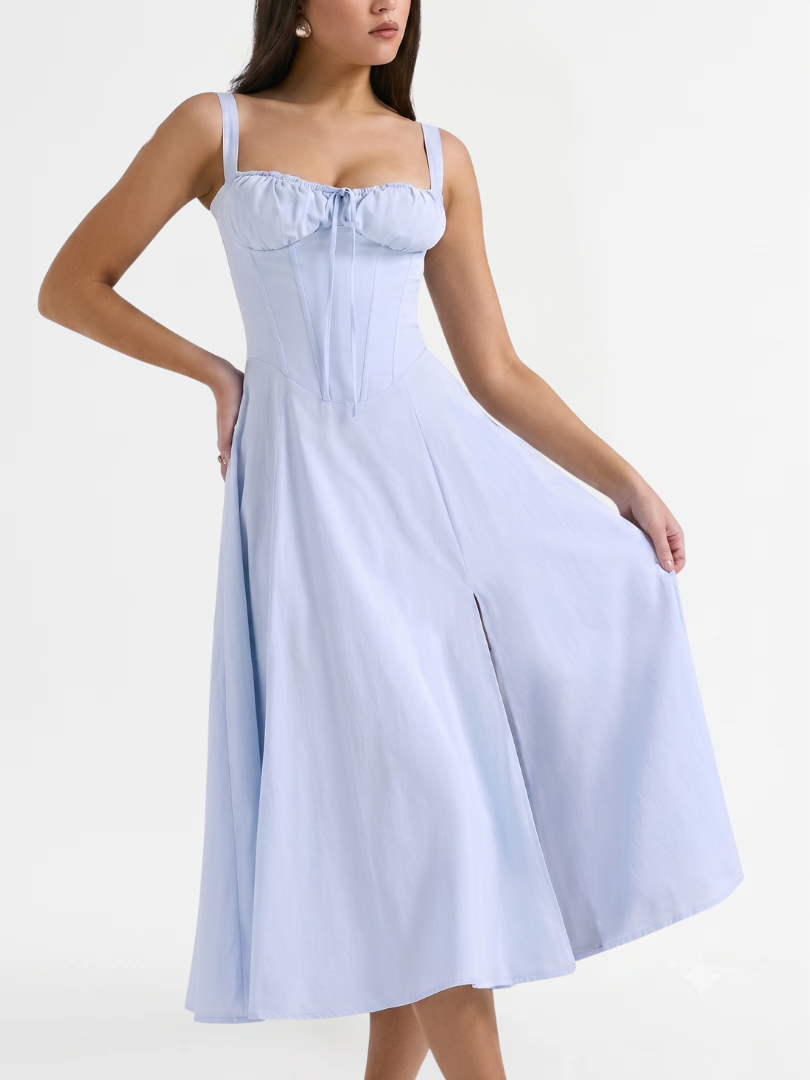 Amren | Women’s Midi Dress with Ruched Bust and Corset Bodice