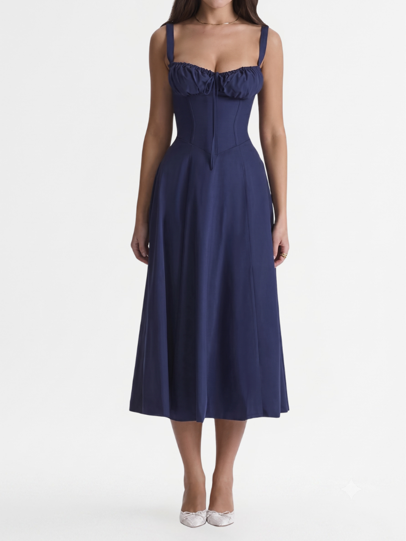 Amren | Women’s Midi Dress with Ruched Bust and Corset Bodice