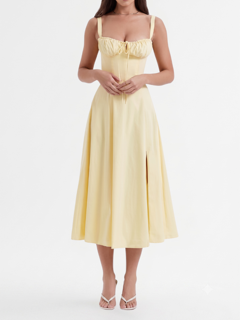 Amren | Women’s Midi Dress with Ruched Bust and Corset Bodice