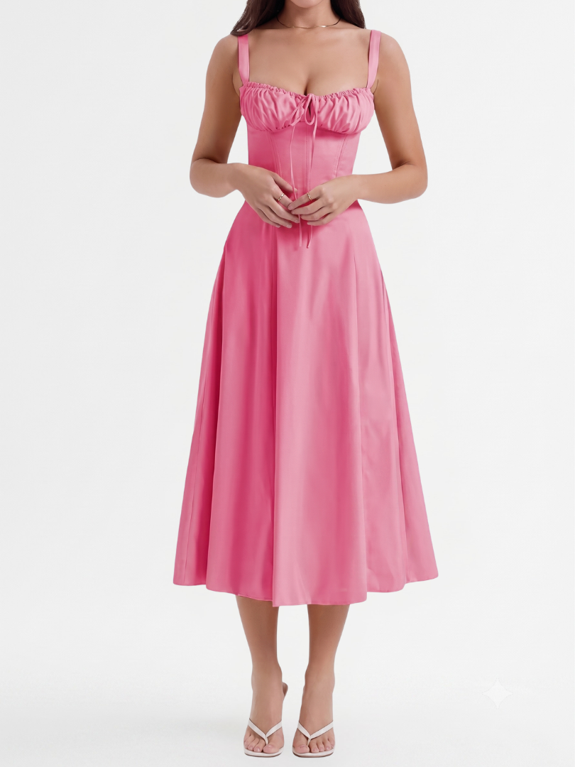 Amren | Women’s Midi Dress with Ruched Bust and Corset Bodice