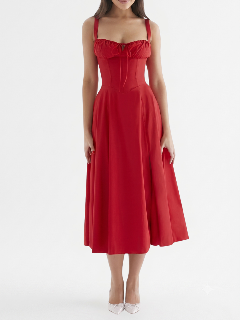 Amren | Women’s Midi Dress with Ruched Bust and Corset Bodice