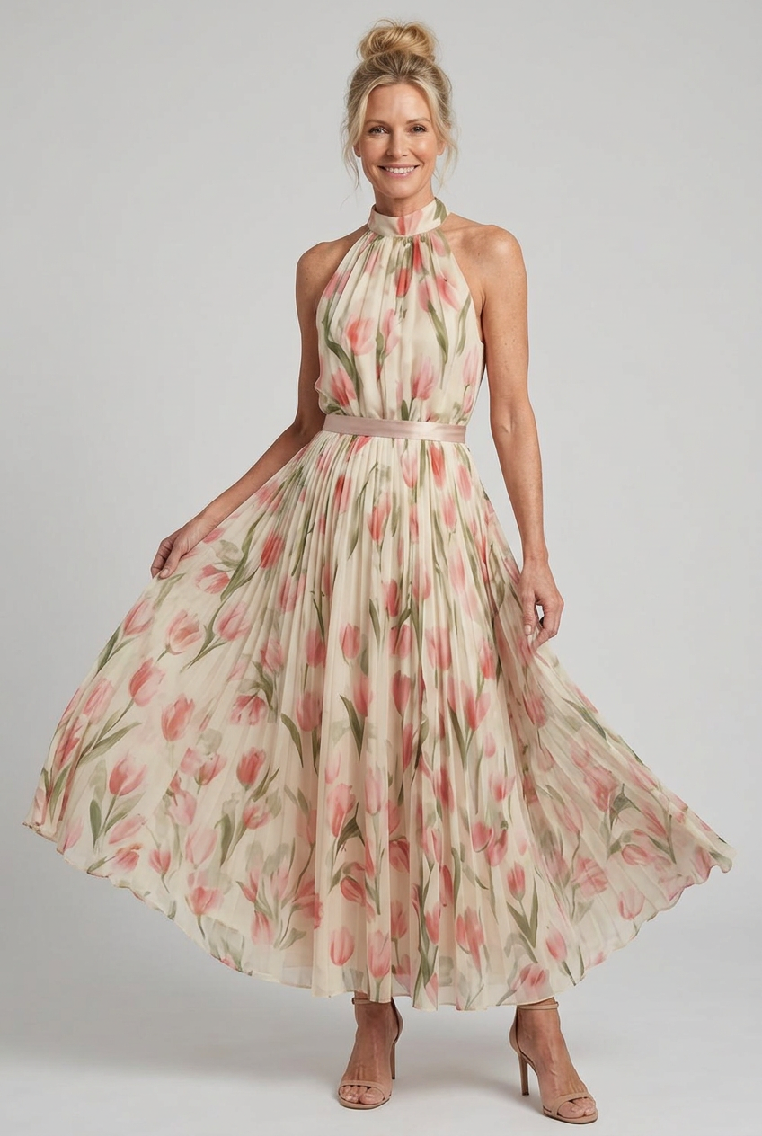 Aurelle | Halter Neck Floral Midi Dress