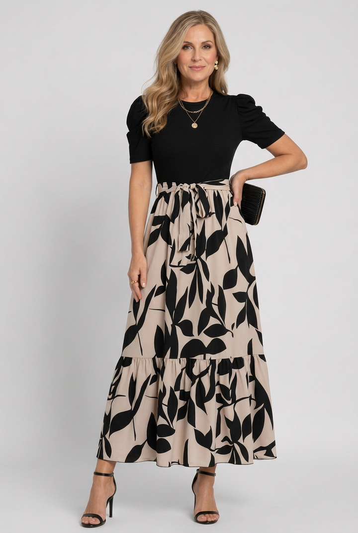 Avelyn | Short Sleeve Abstract Floral Print Maxi Dress