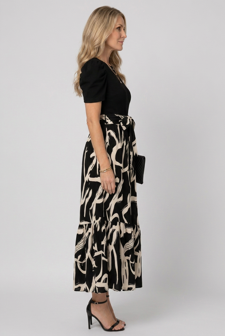 Avelyn | Short Sleeve Abstract Floral Print Maxi Dress