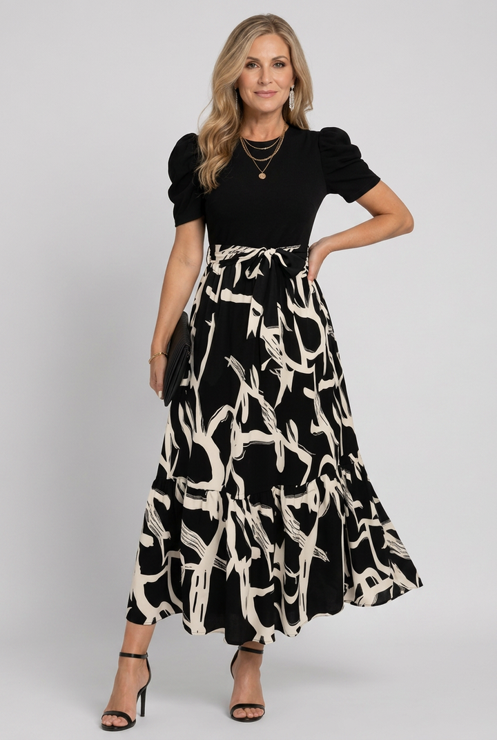 Avelyn | Short Sleeve Abstract Floral Print Maxi Dress