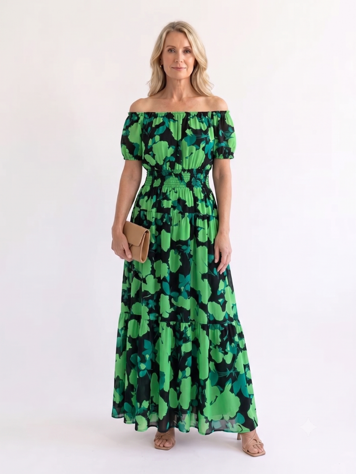 Carolina | Women’s Maxi Dress with Off-Shoulder Neckline and Shirred Waist