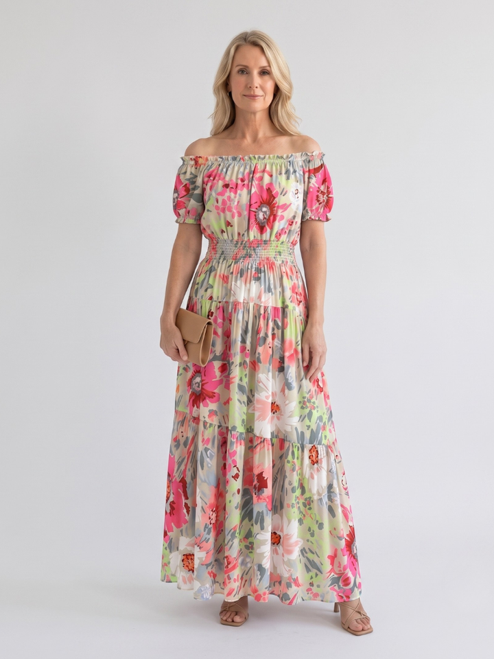Carolina | Women’s Maxi Dress with Off-Shoulder Neckline and Shirred Waist