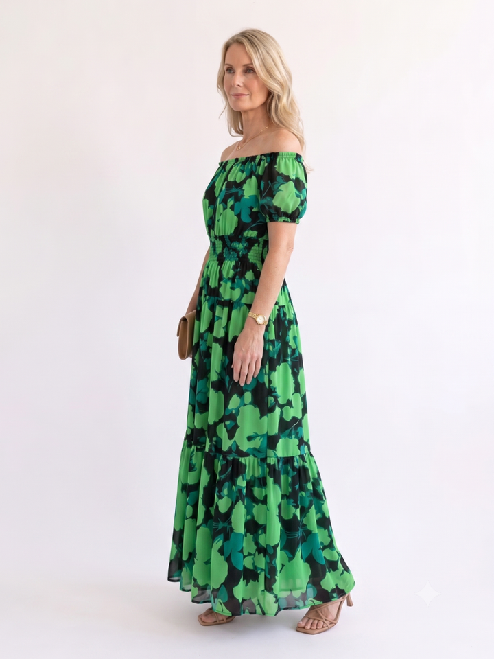 Carolina | Women’s Maxi Dress with Off-Shoulder Neckline and Shirred Waist