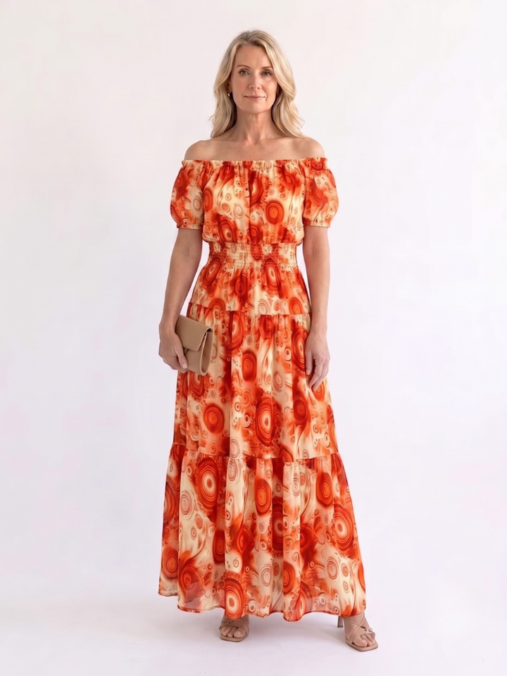 Carolina | Women’s Maxi Dress with Off-Shoulder Neckline and Shirred Waist