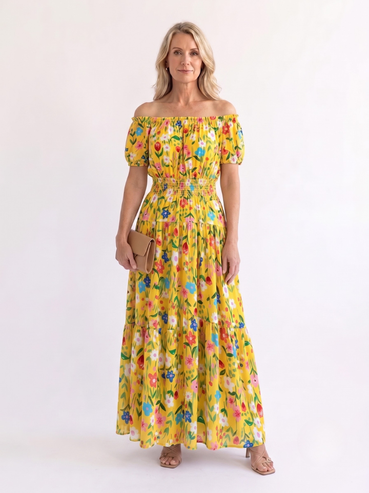 Carolina | Women’s Maxi Dress with Off-Shoulder Neckline and Shirred Waist