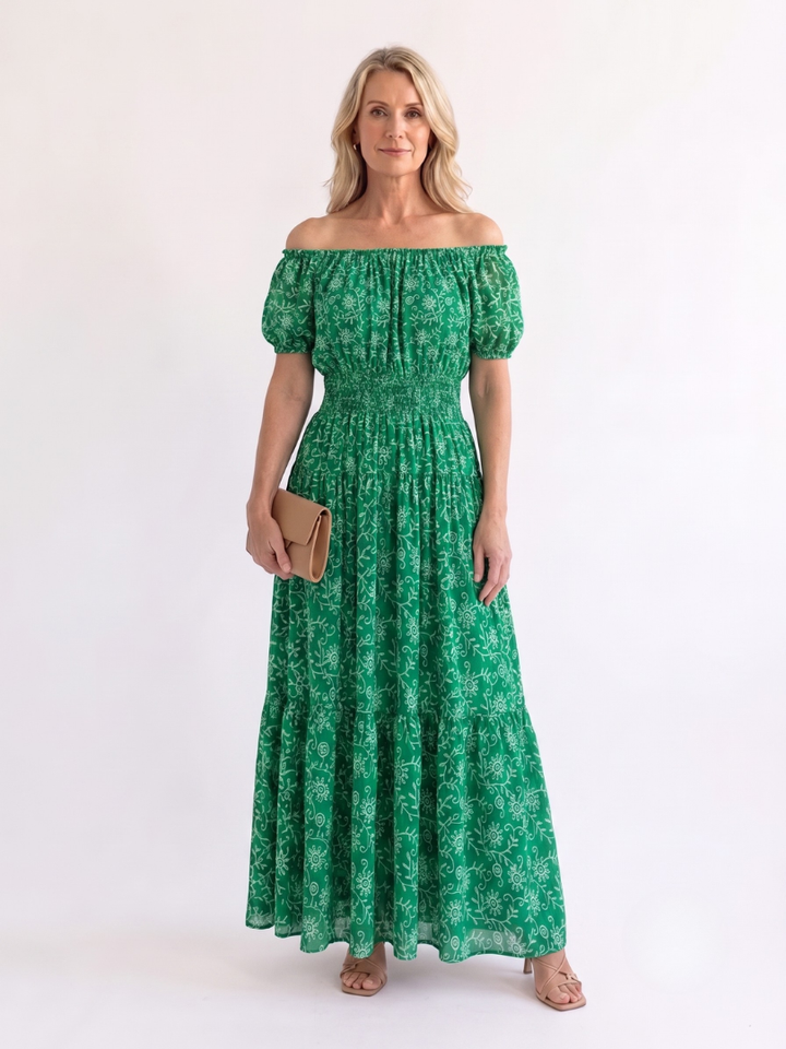 Carolina | Women’s Maxi Dress with Off-Shoulder Neckline and Shirred Waist
