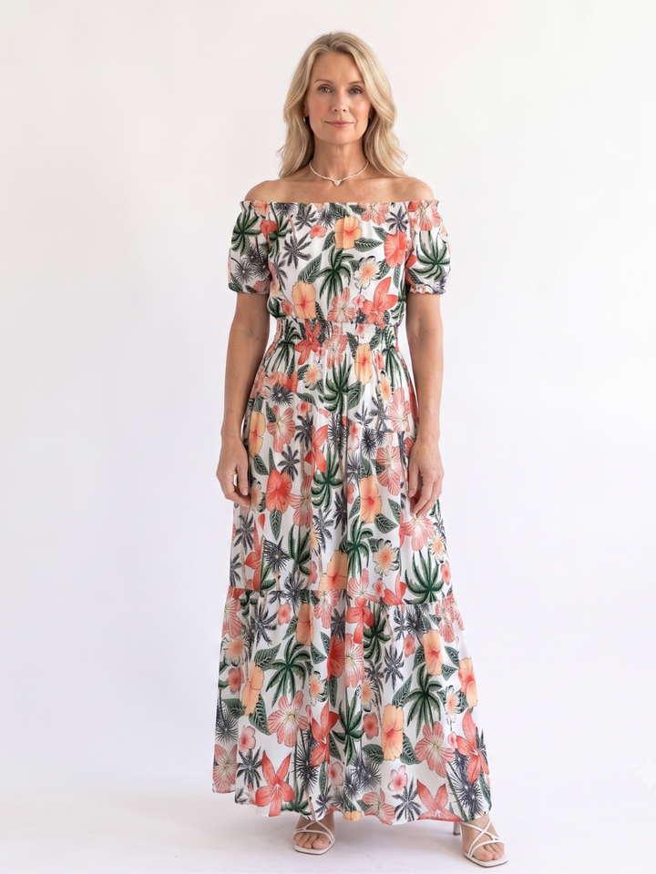 Carolina | Women’s Maxi Dress with Off-Shoulder Neckline and Shirred Waist