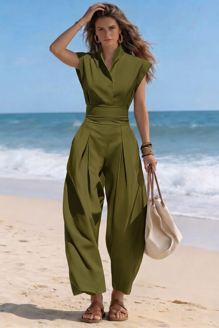 Dara | Women’s High-Neck Cap-Sleeve Ruched-Waist Harem Jumpsuit