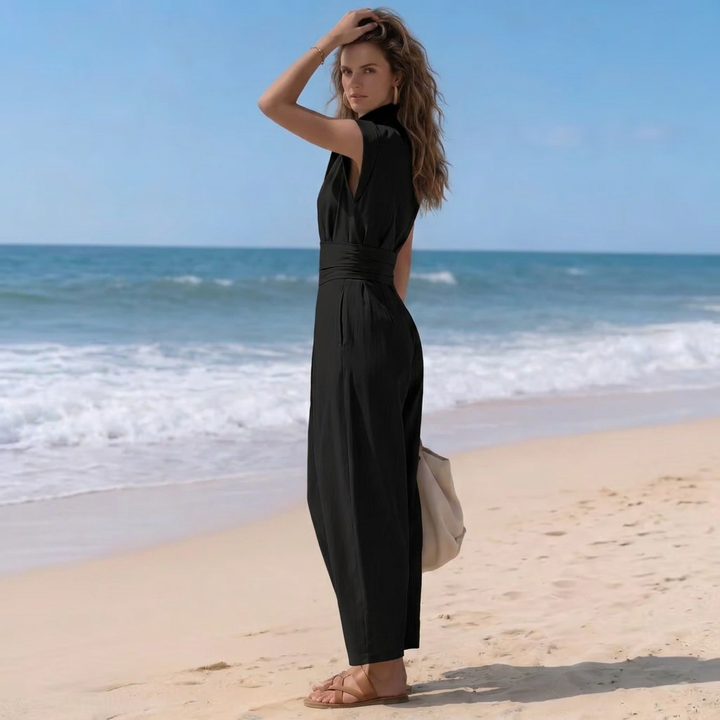 Dara | Women’s High-Neck Cap-Sleeve Ruched-Waist Harem Jumpsuit