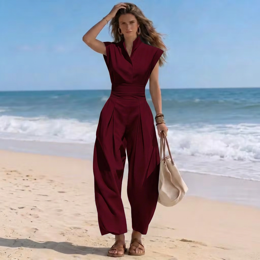 Dara | Women’s High-Neck Cap-Sleeve Ruched-Waist Harem Jumpsuit