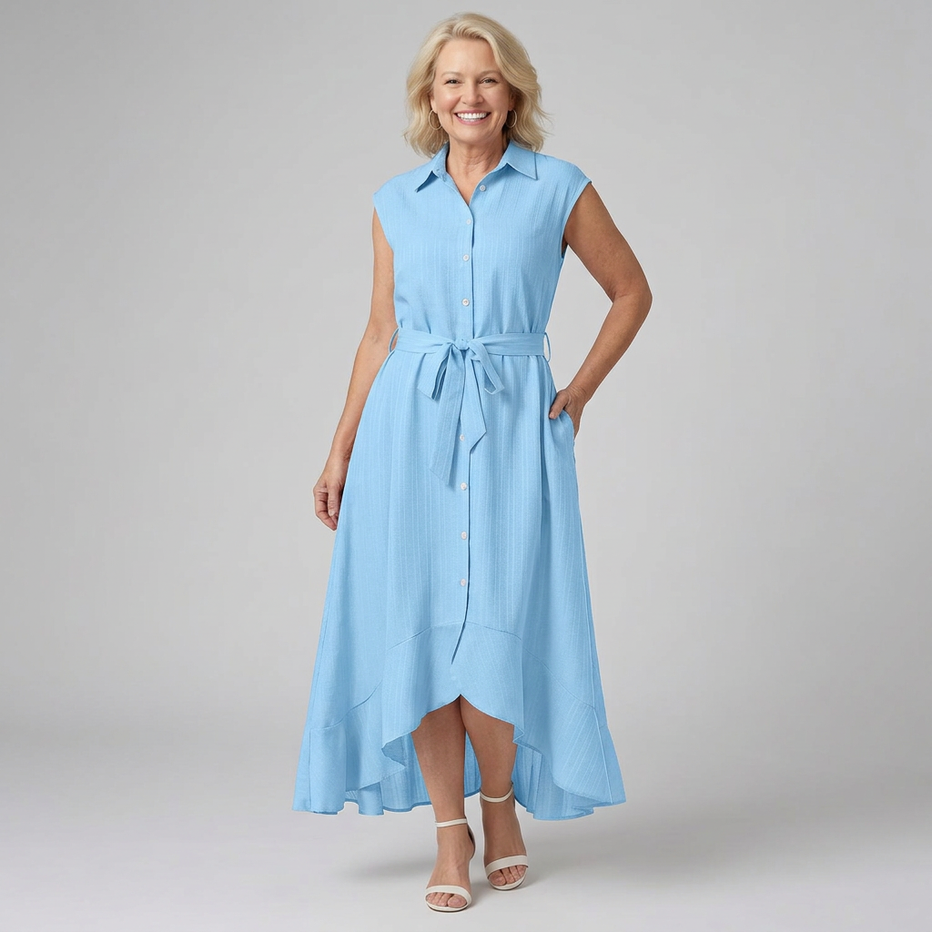 Eiran | Sleeveless Button-Front High-Low Shirt Dress with Belt