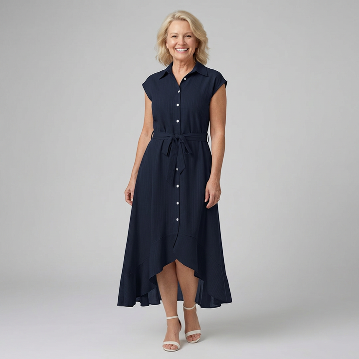 Eiran | Sleeveless Button-Front High-Low Shirt Dress with Belt