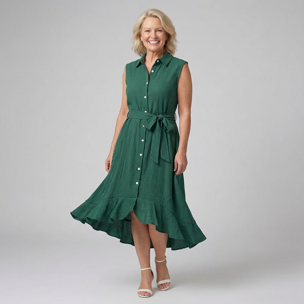 Eiran | Sleeveless Button-Front High-Low Shirt Dress with Belt