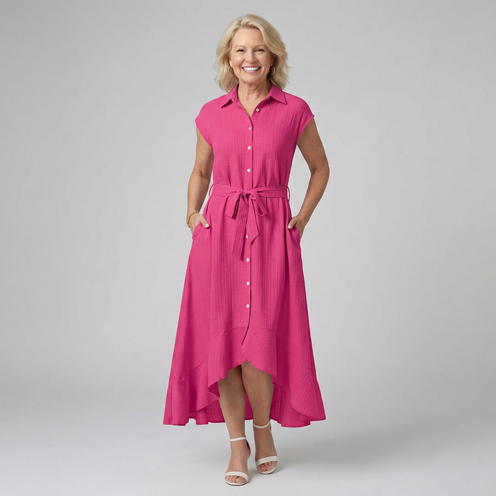 Eiran | Sleeveless Button-Front High-Low Shirt Dress with Belt